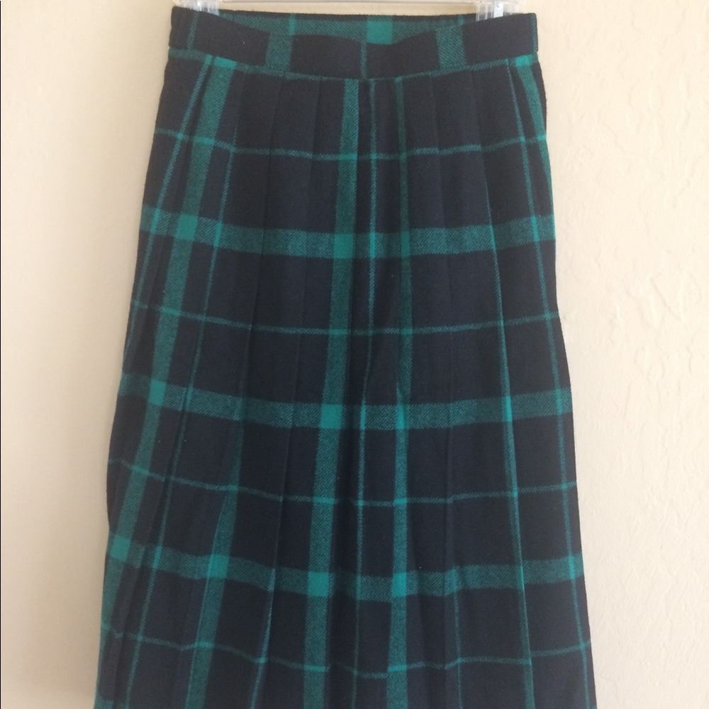 Green Tartan Plaid Midi Long Pleated wool Skirt